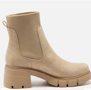 REDTOP Women's Chelsea Sock Boots Light Beige Suede Chunky Heel Lug Sole Size 8